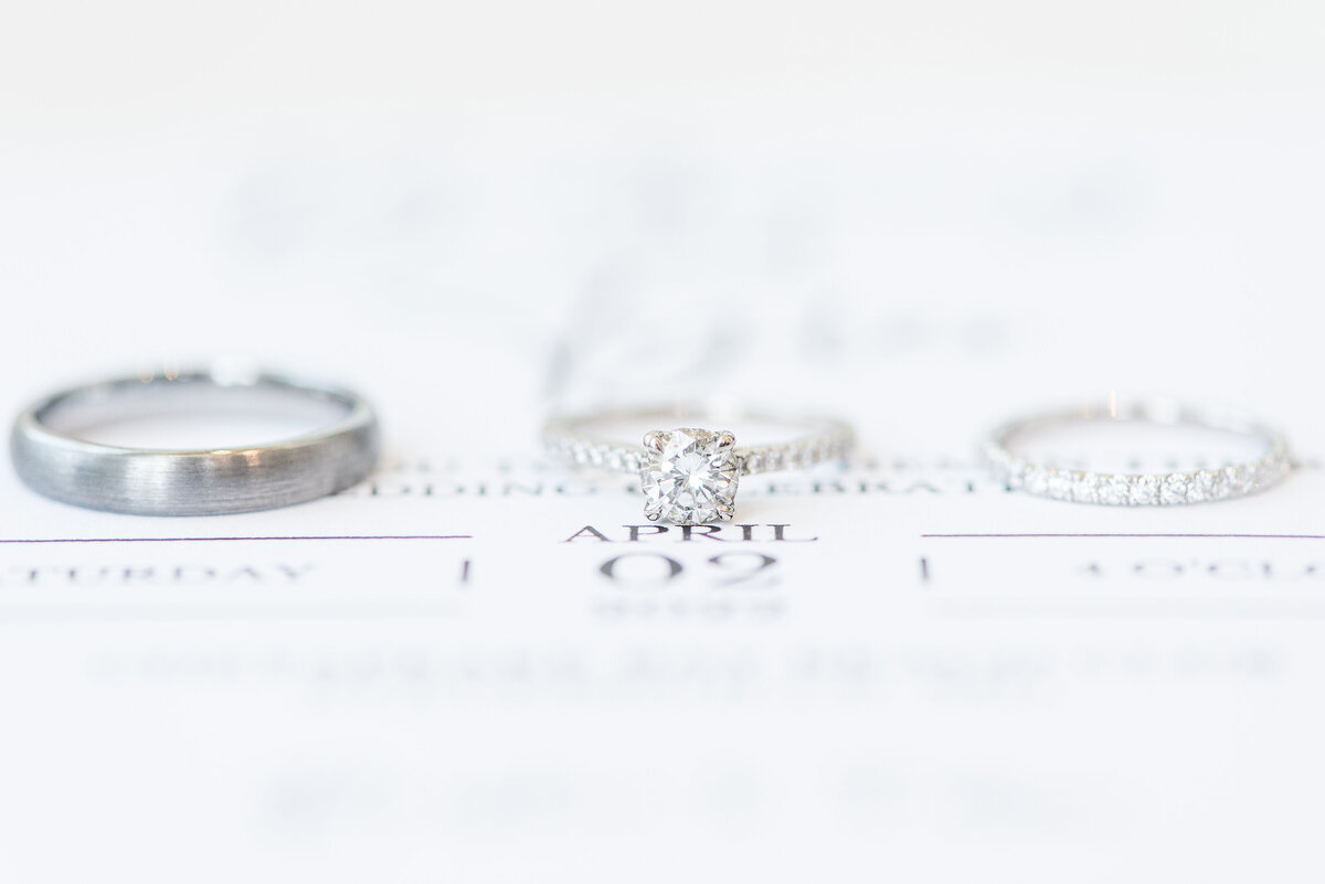 close up of wedding rings on invitations