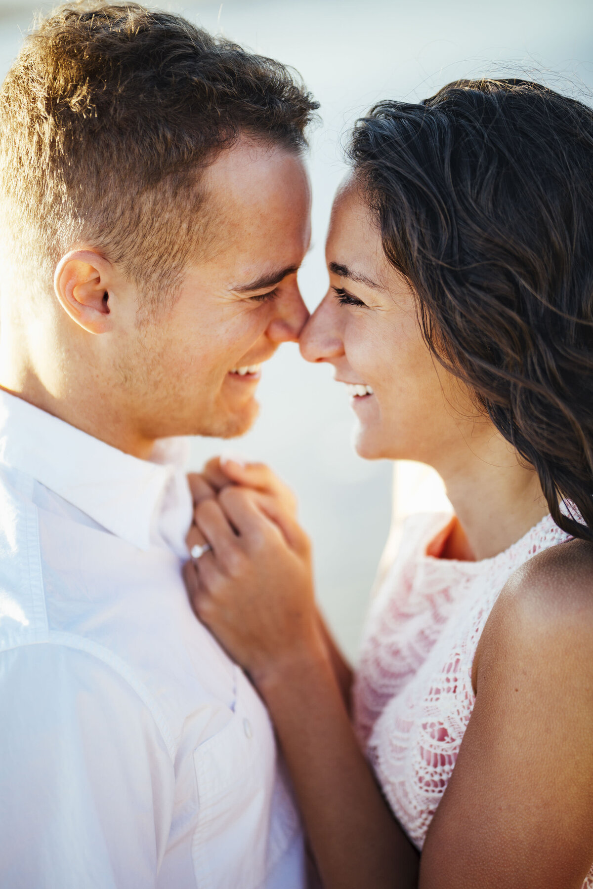 Manasquan Beach Sunrise Engagement Photo | Smiling Couple Looking at Each Other | New Jersey