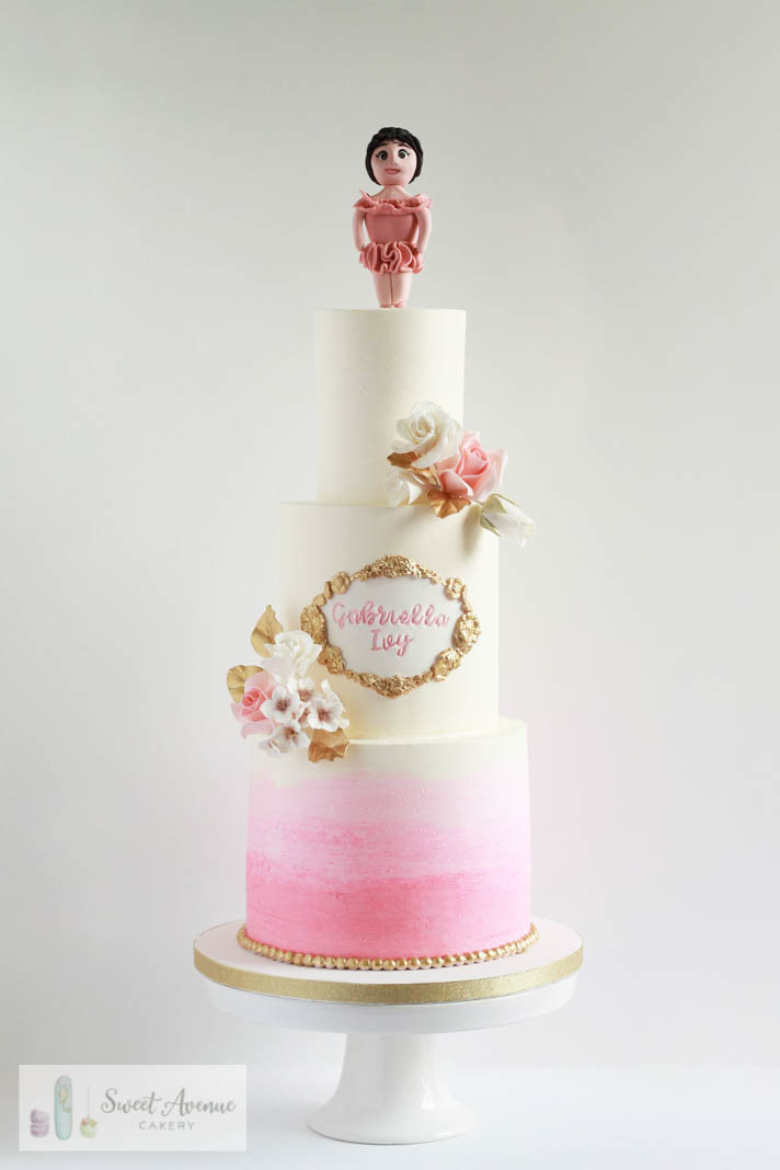pink watercolour cake, ballerina birthday cake