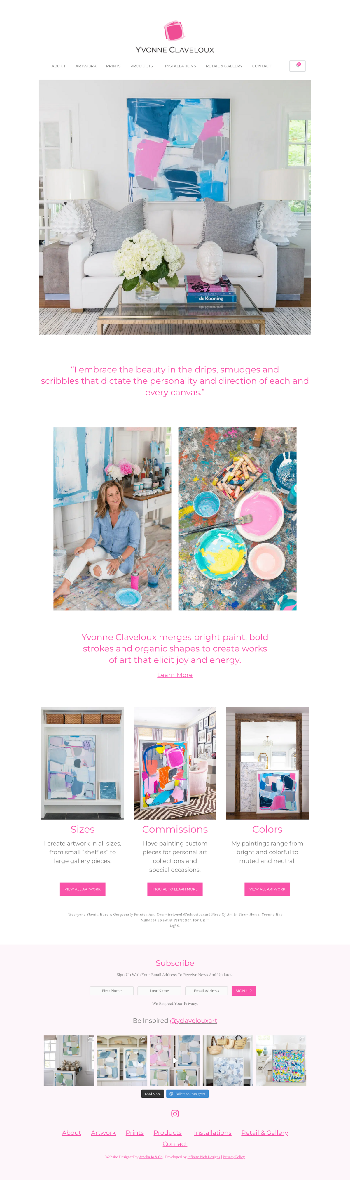 Homepage design of  Yvonne Claveloux website featuring her work installed in a living room