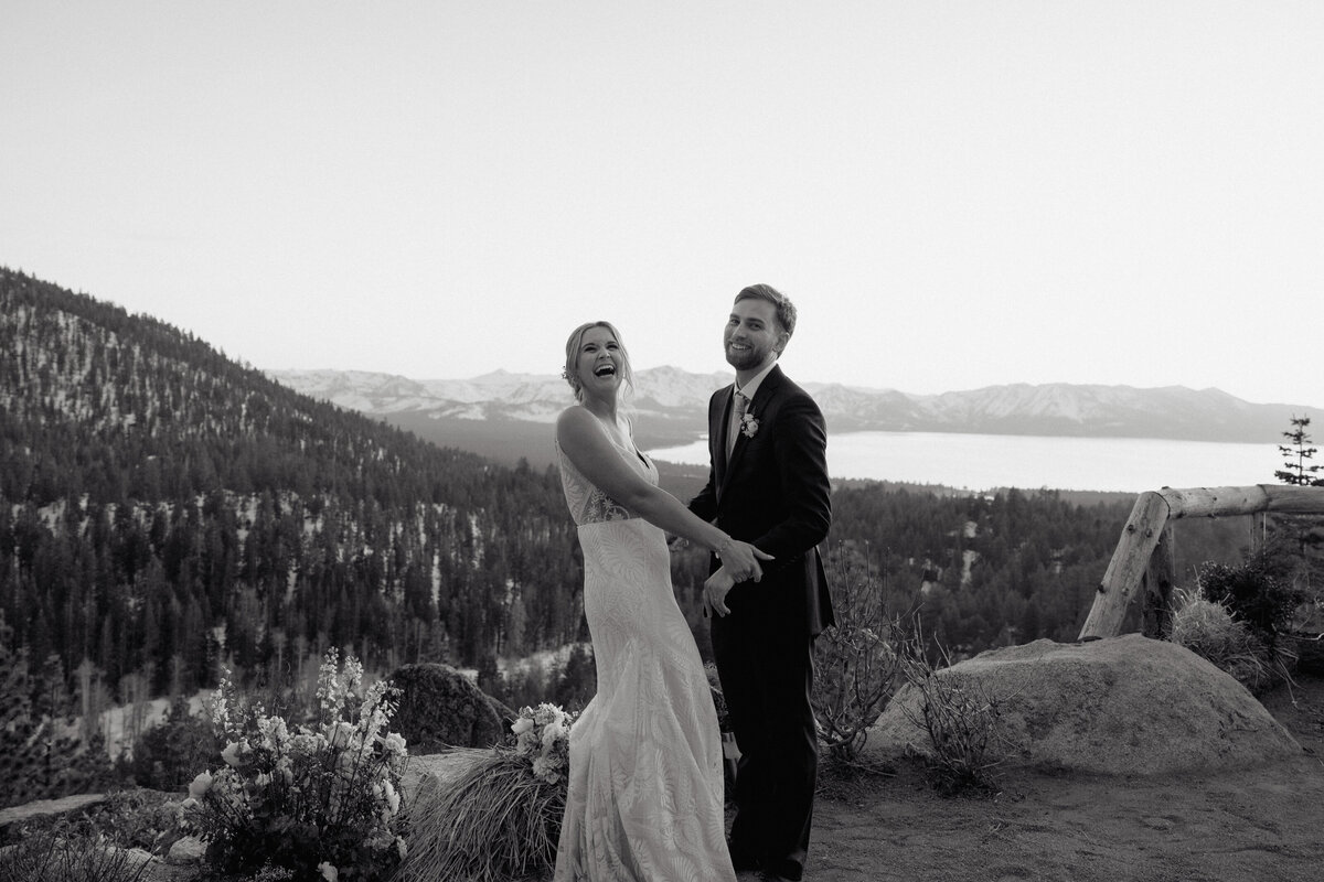 A beautifully styled wedding at Tahoe Blue Estate, featuring breathtaking views of the lake and mountains in South Lake Tahoe.
