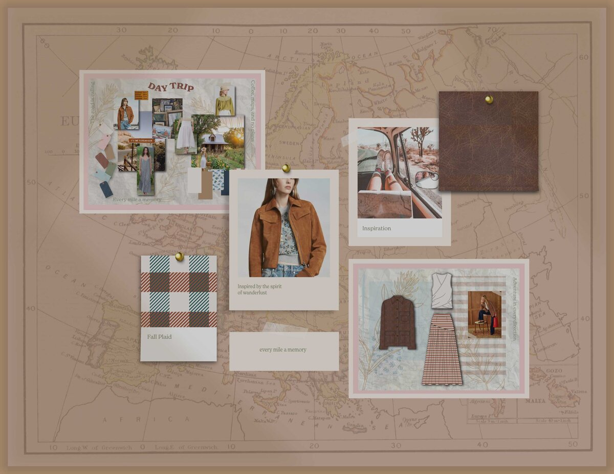 Moodboard of color palettes, fabrics, and inspiration for women’s clothing line design