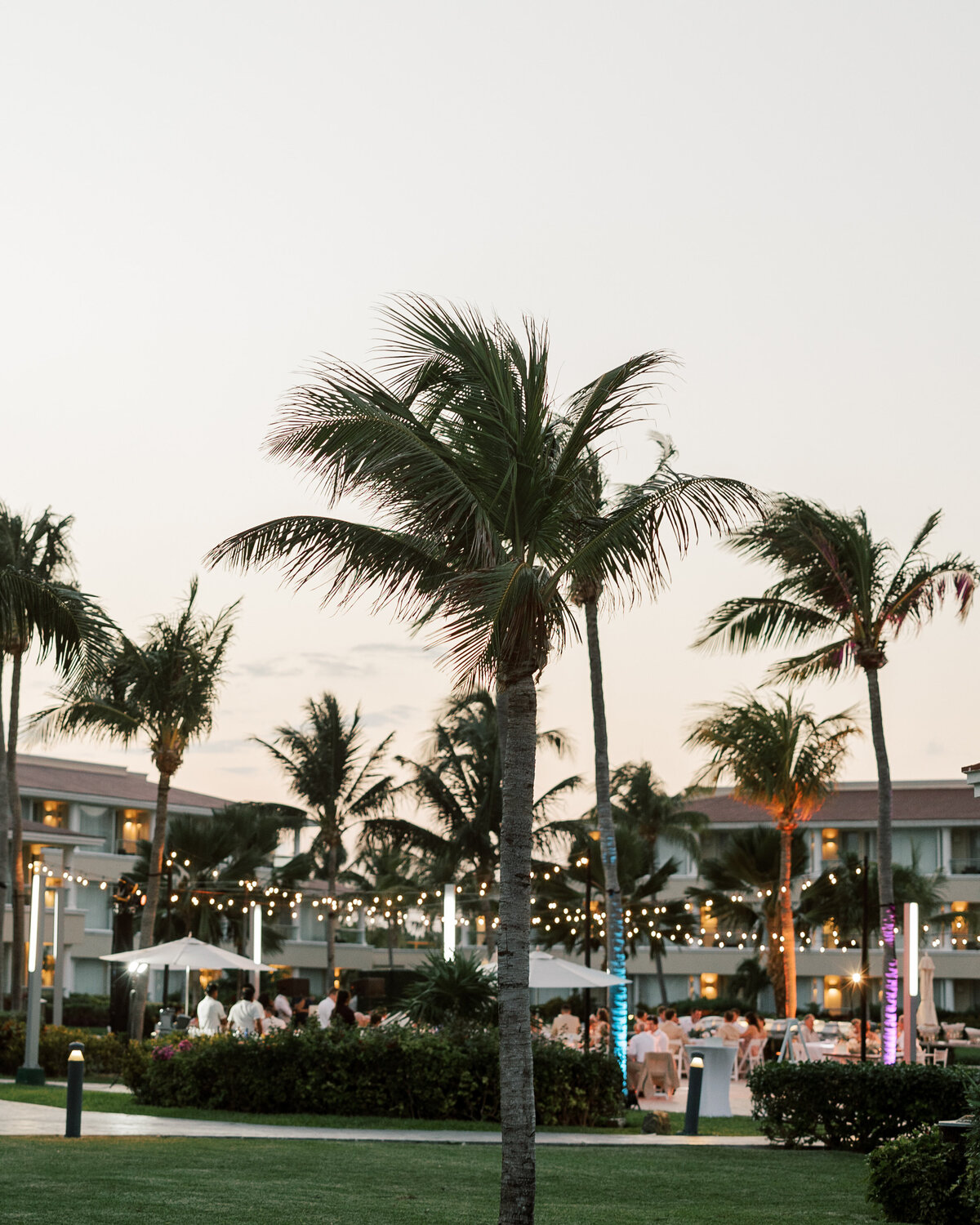 Evening view of a Cancun wedding reception with glowing string lights, photographed by a Philly-based wedding pro.