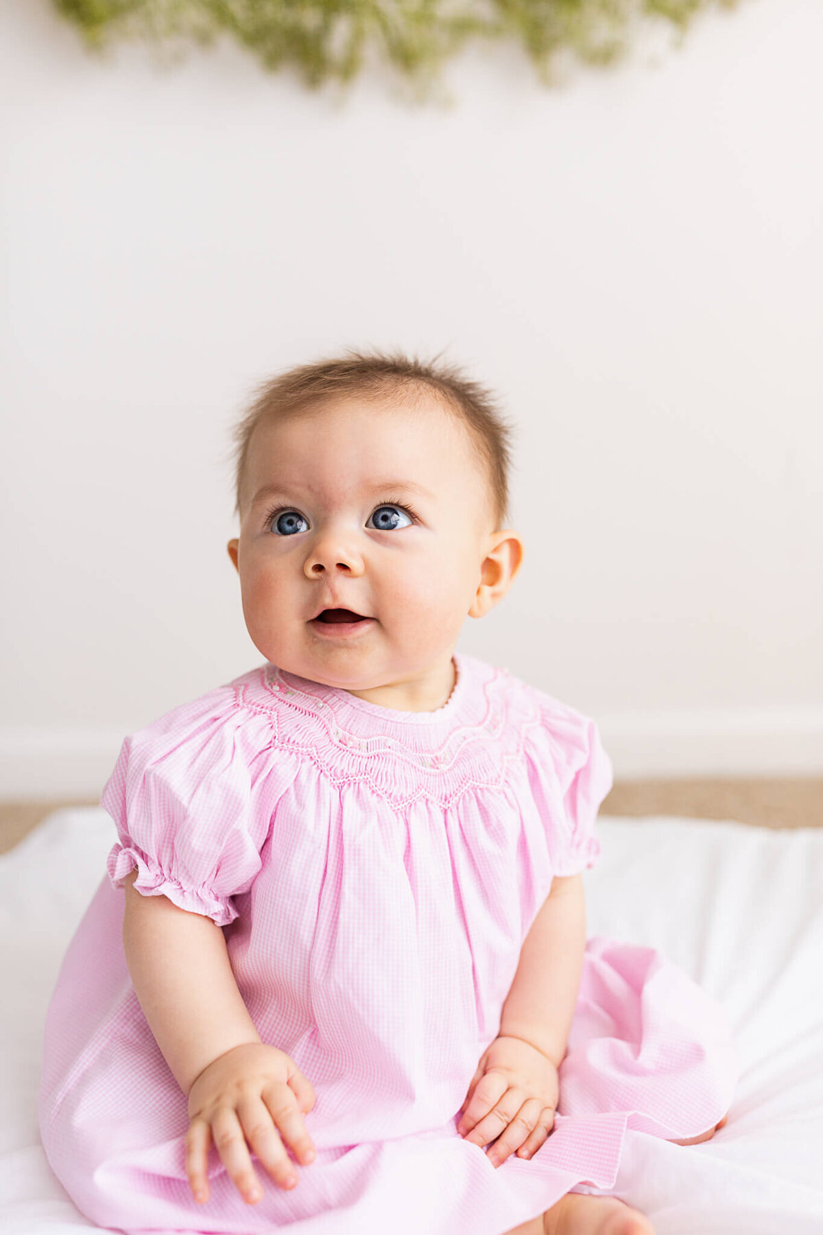 Six month old in a pink dress sitting in a studio
