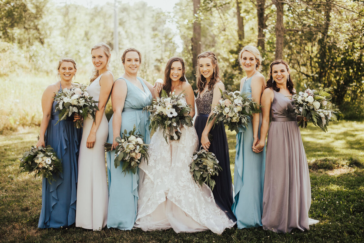 bride and bridesmaids group bridal portrait blue dresses