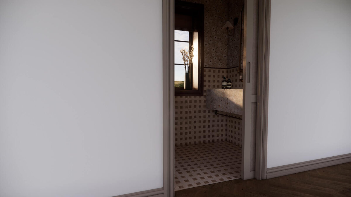 Looking through doorway into ensuite bathroom