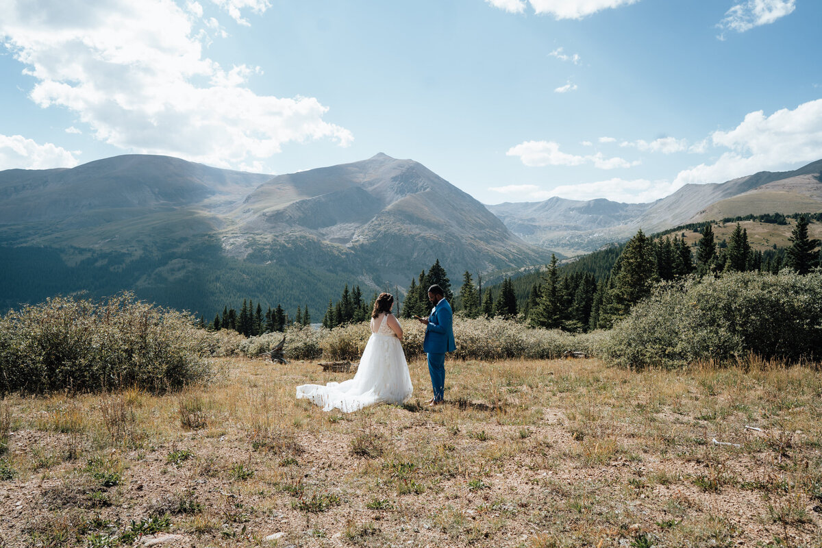 Couple exchanging vows under blue skies at Hoosier Pass near Breckenridge, Colorado.