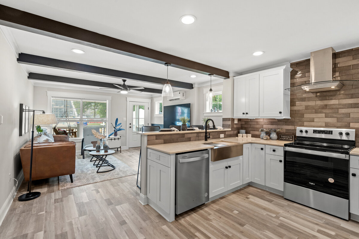 Open Concept Living area, Bar, and Kitchen of manufactured home in Washington, DC for Innovative Housing Conference 2023.