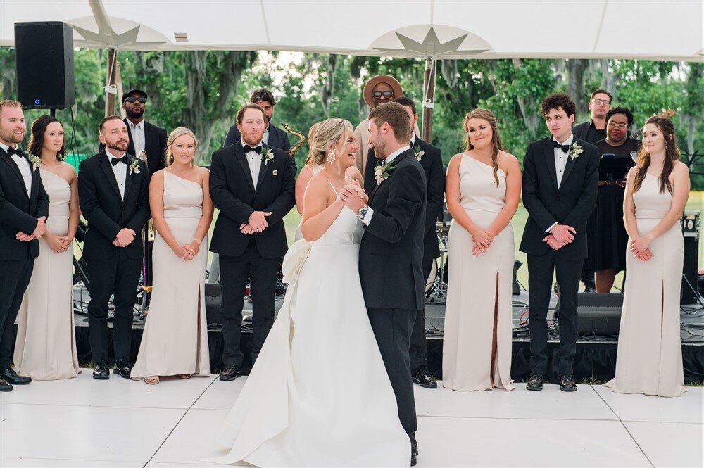Beaufort South Carolina Wedding  | Agapae Oaks Wedding  | Trish Beck Events | HIlton Head Wedding Planner | Southeast Wedding Planner |  Meredith Ryncarz Photography |  Bride and Groom First Dance on White Dance Floor with Sail Cloth Tent