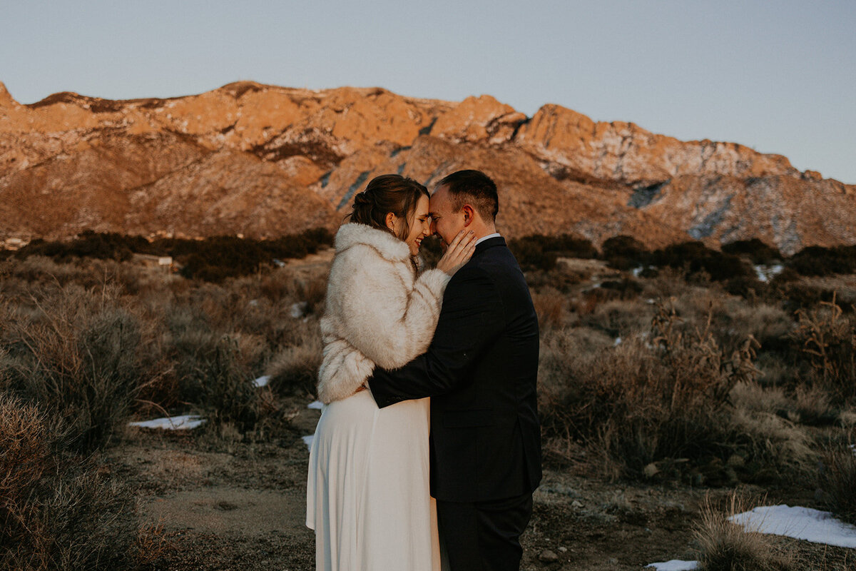bride and groom standing at the Sandia Foothills in Albuquerque