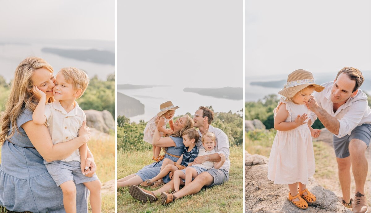 family in blue and white happy on a mountain