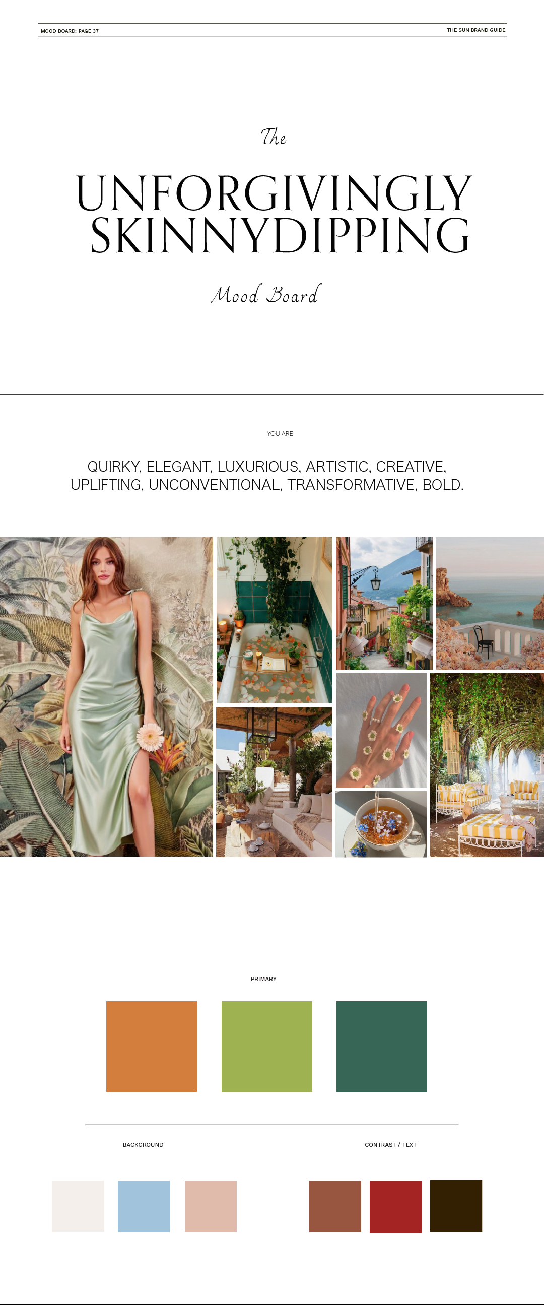 mood board, colors, and title for brand design