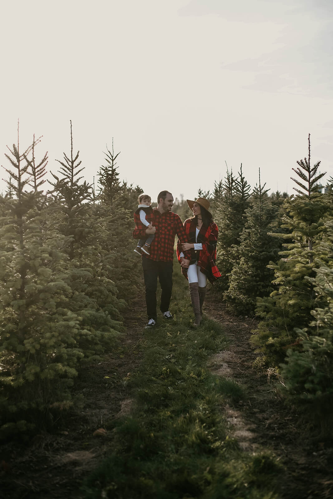 Family walks through tree farm