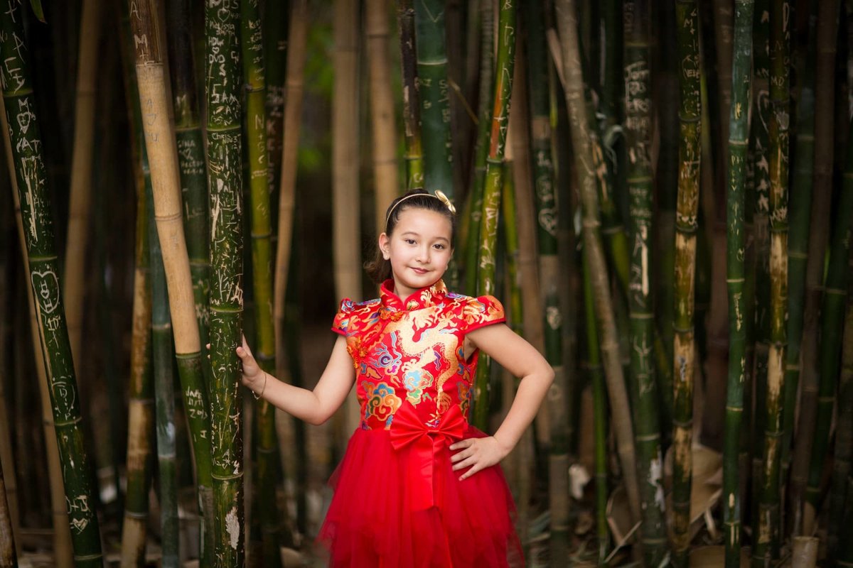 Young girl dressed in a beautiful red dress poses for the camera in front of bamboo trees
