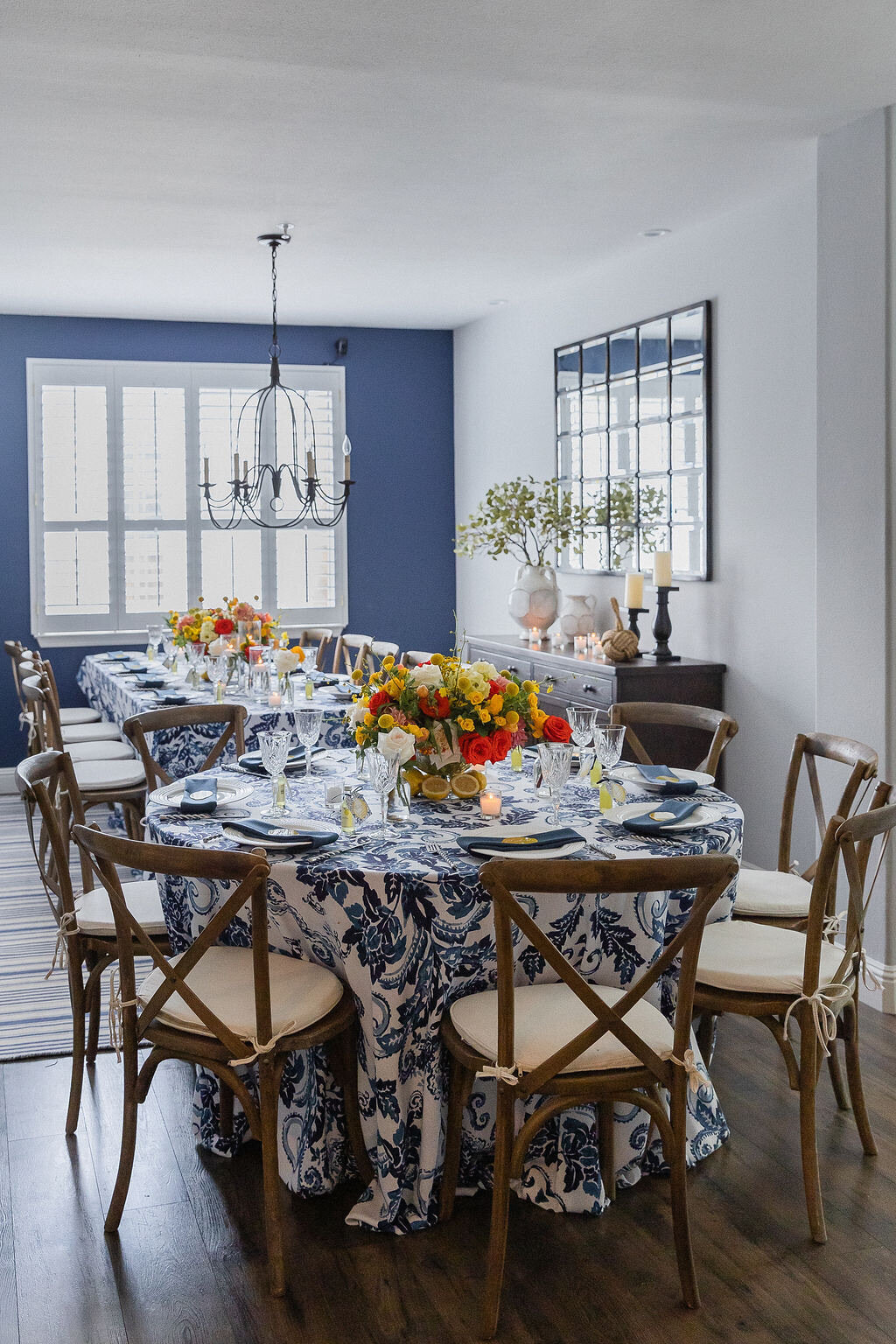 crossback chairs, linens, blue, navy, citrus colors, orange, yellow