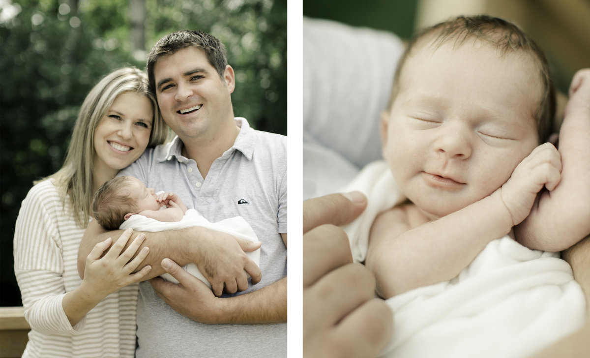 two portraits of parents smiling at camera holding newborn baby girl and second picture of a sleeping newborn