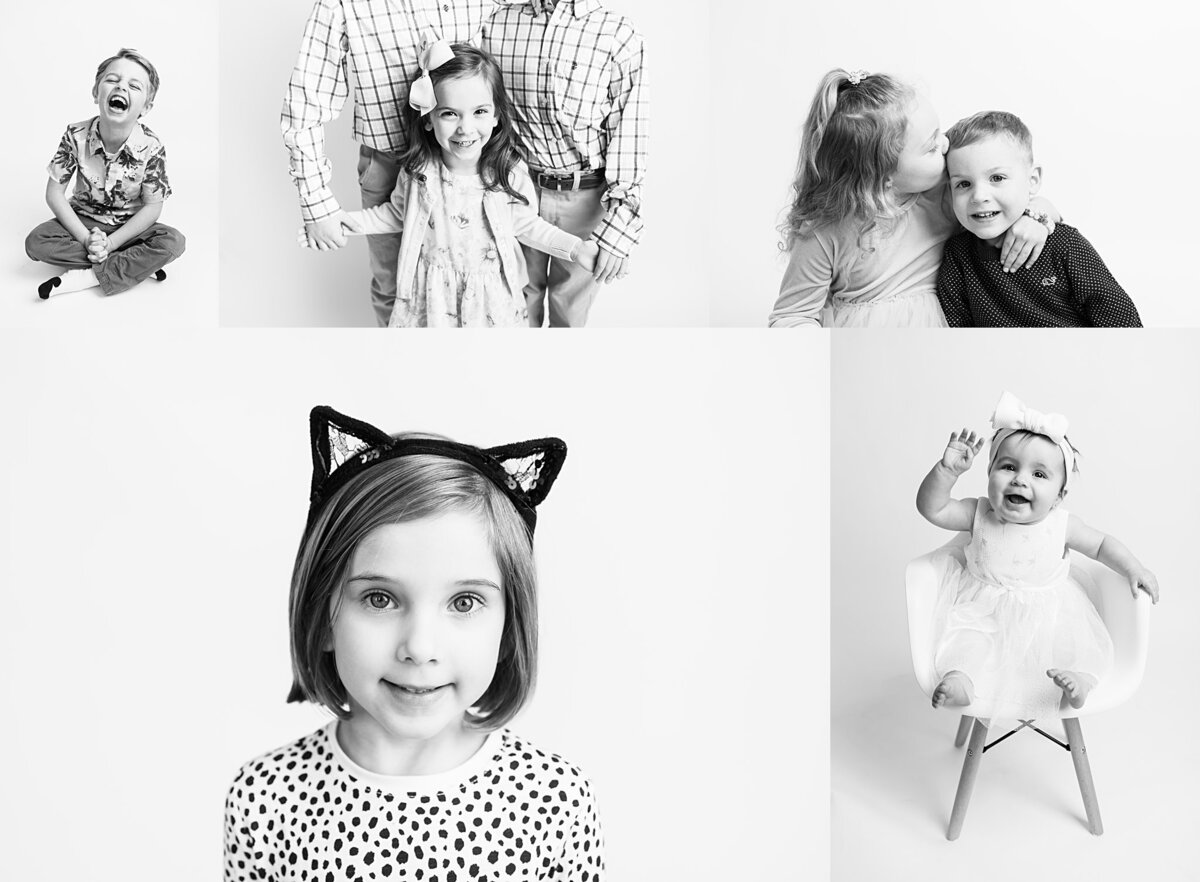 A collage of black and white personality portraits of children and their siblings at a photography fundraiser event in Burlington, Connecticut with Sharon Leger Photography.