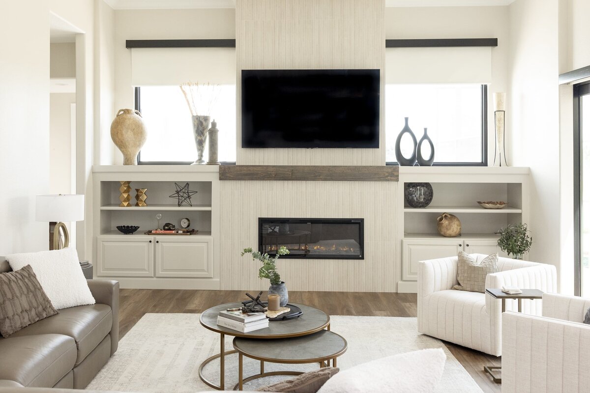 dewine design orlando interior designer windermere full home renovation neutral living room with wooden firplace mantle
