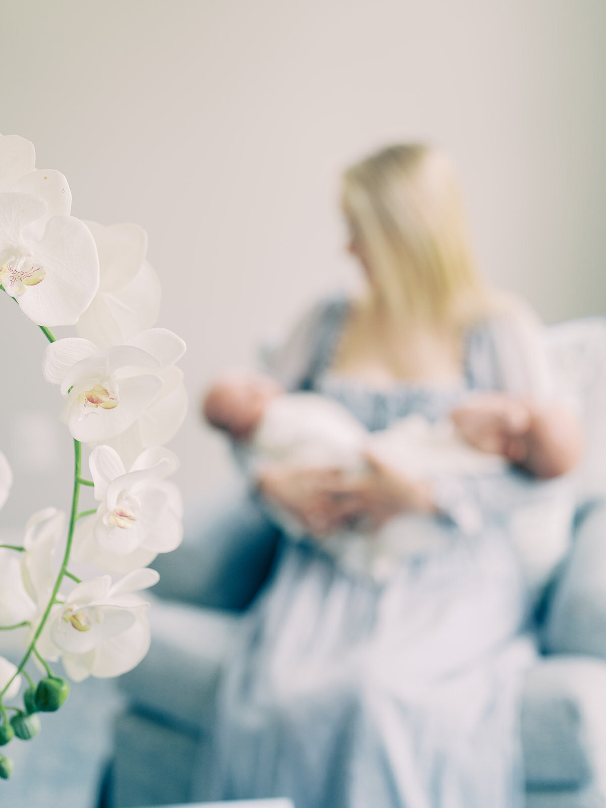 In-focus white orchid is seen in the foreground while an out-of-focus mother sits in the background holding her twin baby boys.