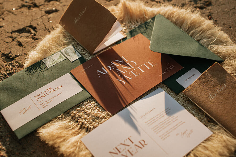 Olive green and brown wedding invitations