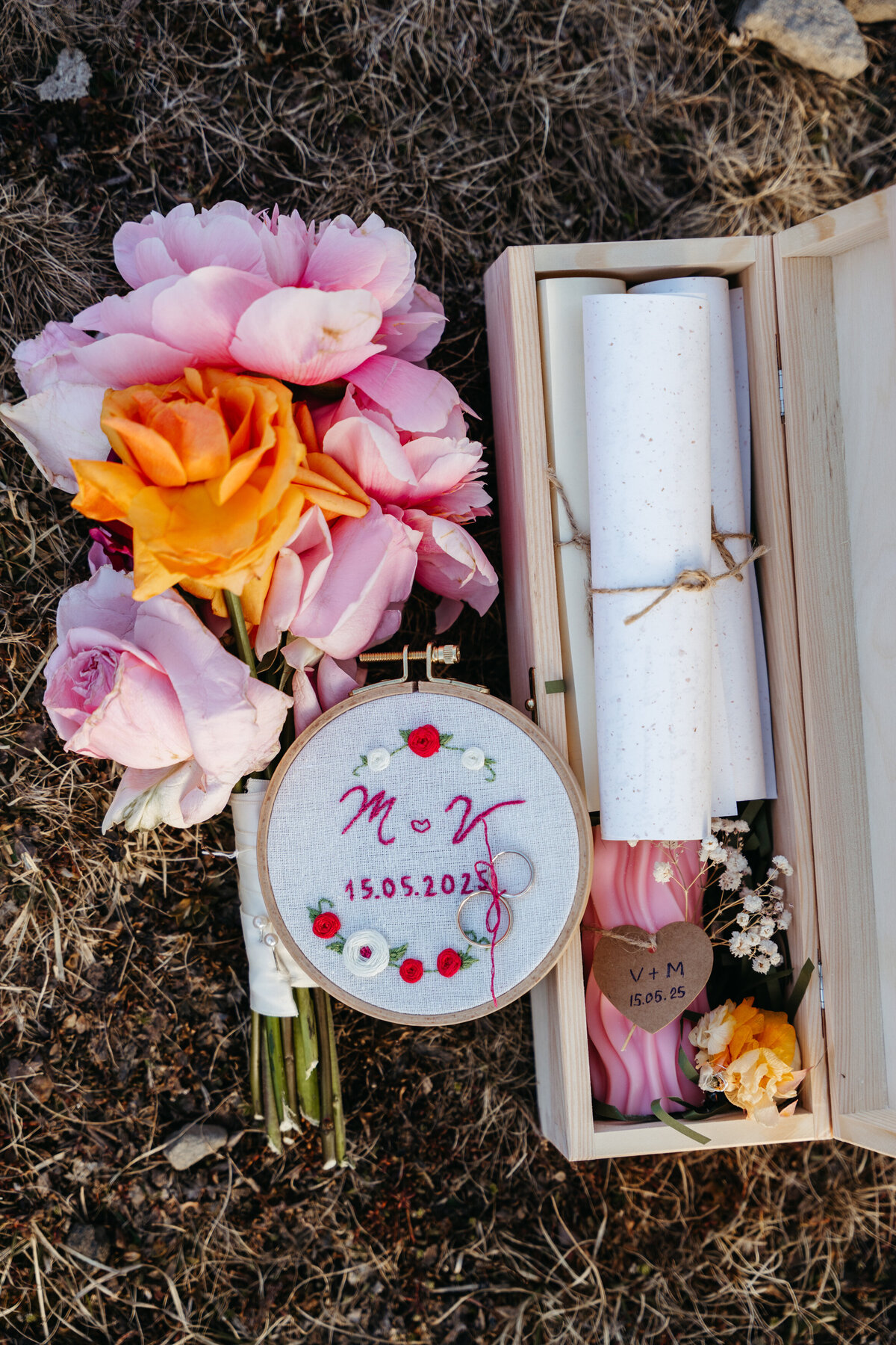 Embroidered wedding keepsake with initials and date detail