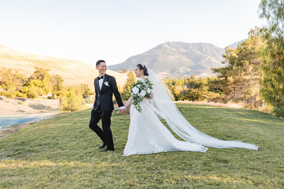 Bride and groom hold hands and walk in a field with mountains in the background, captured by wedding photographer, philippe studio pro.