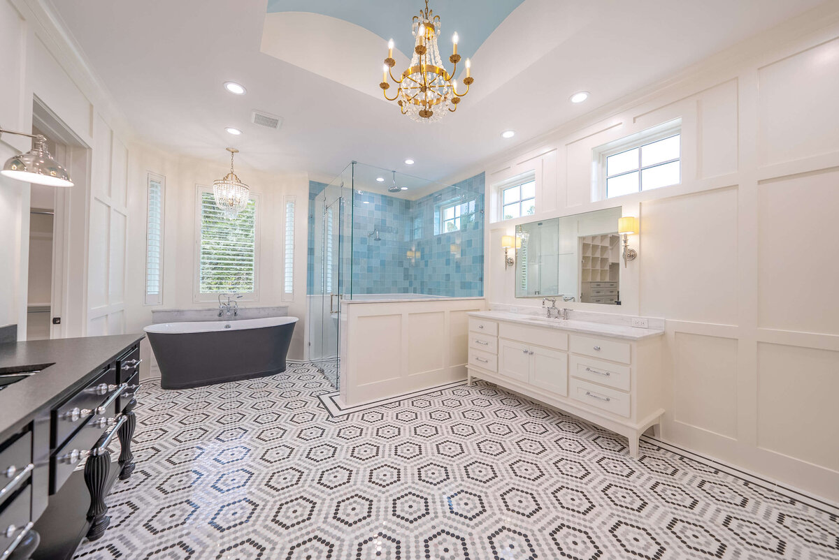 Unique master bathroom with blue accents and patterns