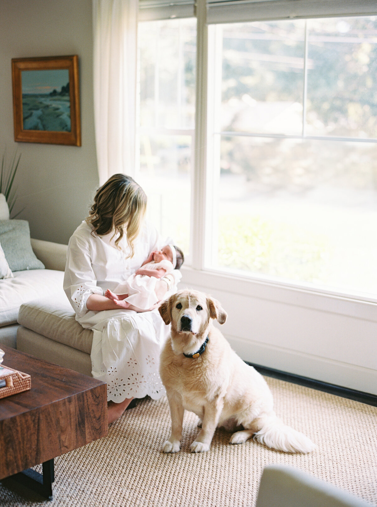 Mom sitting in front of a bright window holding her newborn daughter. Image by Raleigh newborn photographer A.J. Dunlap Photography.
