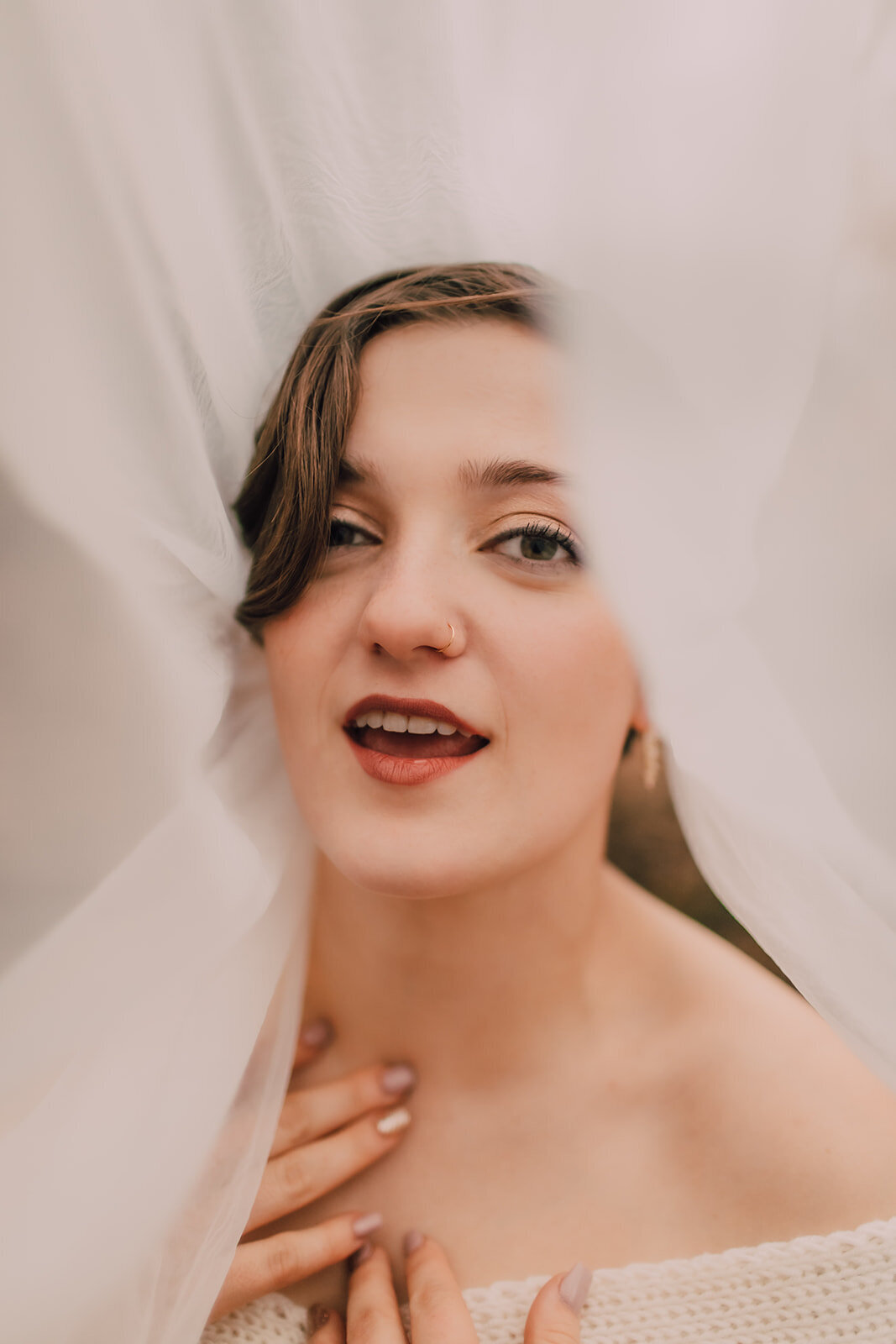 Bride poses under wedding veil