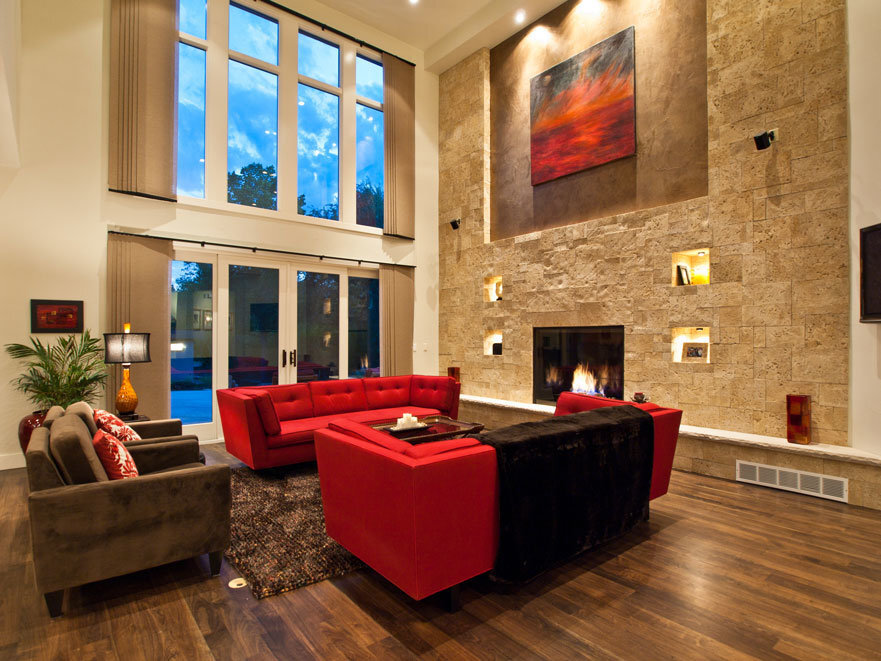 Fireplace and blue windows in Colorado home