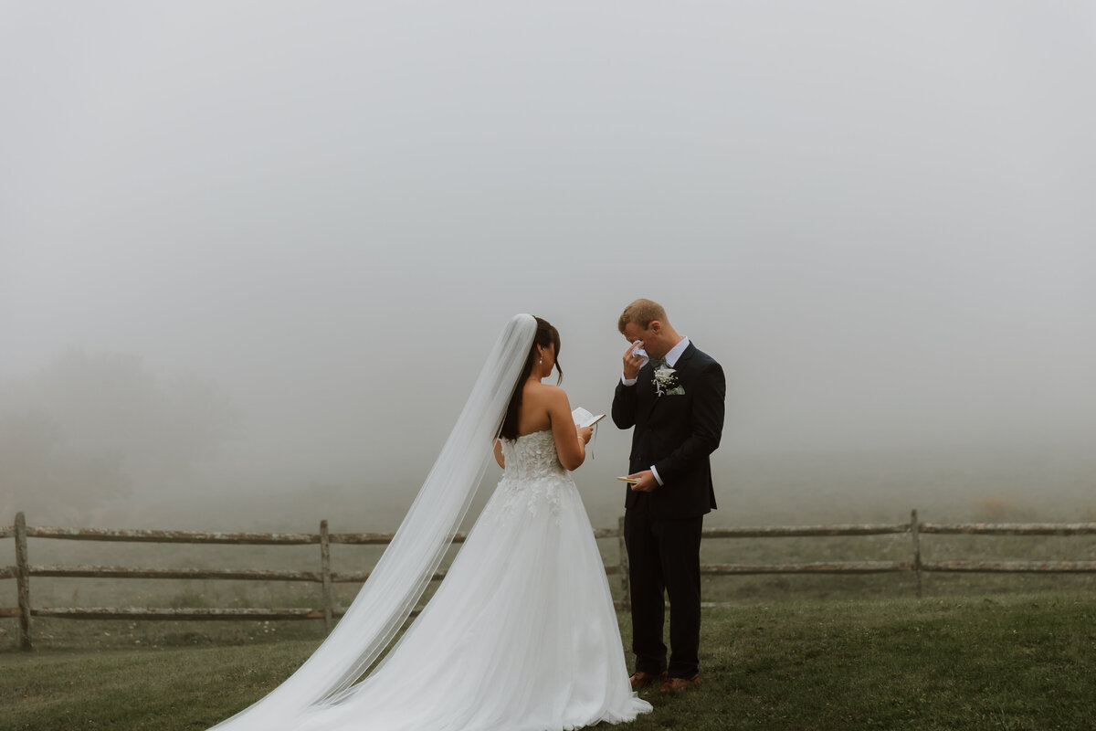 A heartfelt moment as a New England bride and groom share private vows at the scenic Mountain Top Resort in Vermont—beautifully captured in a timeless, emotional style by a top Vermont wedding photographer.