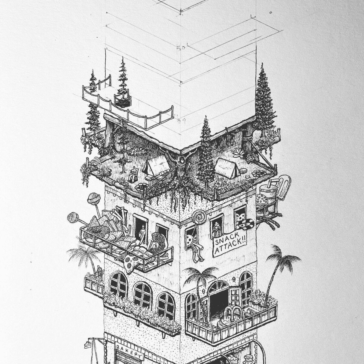 Pen and Ink Illustration of Inktober 2022 prompt: Camping