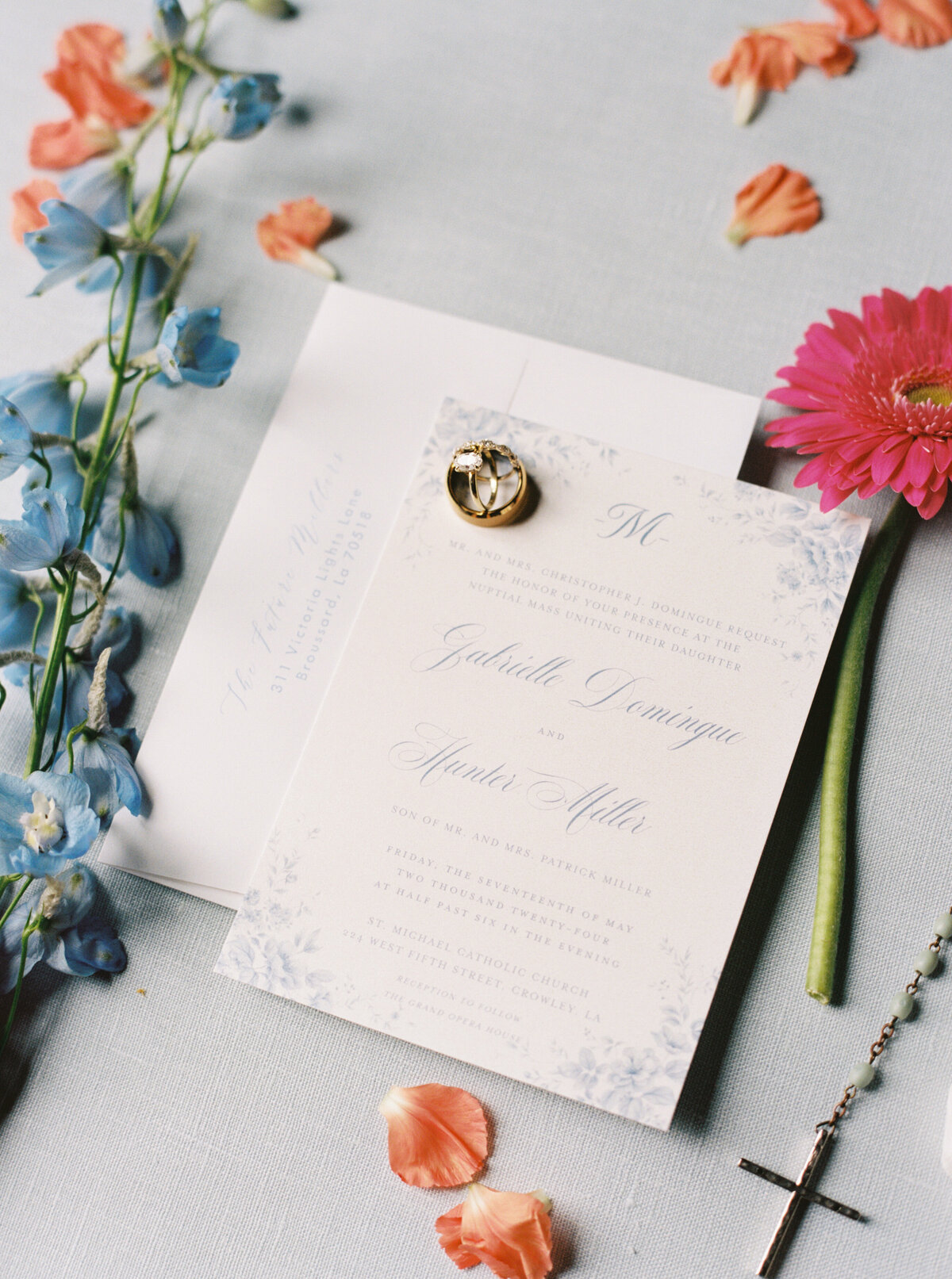 A vibrant arrangement of wedding details featuring pops of color and a whimsical wildflower look, artfully captured on film by Morgan Alysse, Louisiana film photographer.