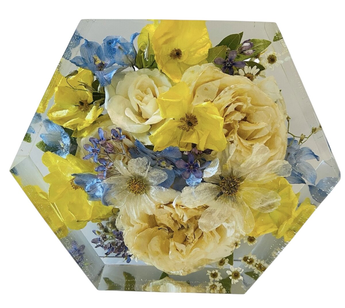 hexagon resin block with yellow and blue wedding flowers preserved as a timeless family keepsake