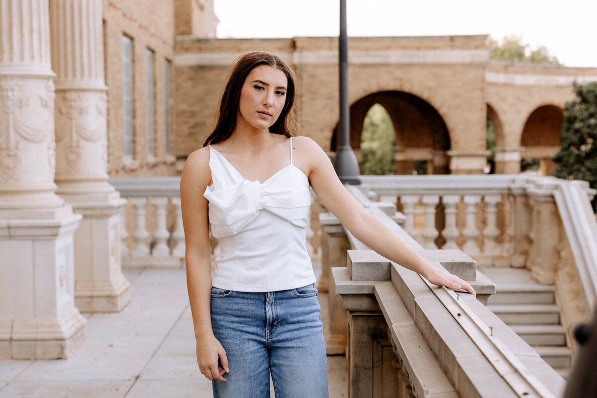 Lubbock senior photographer Mary Wiebe captures a beautiful senior girl in front of the science building.