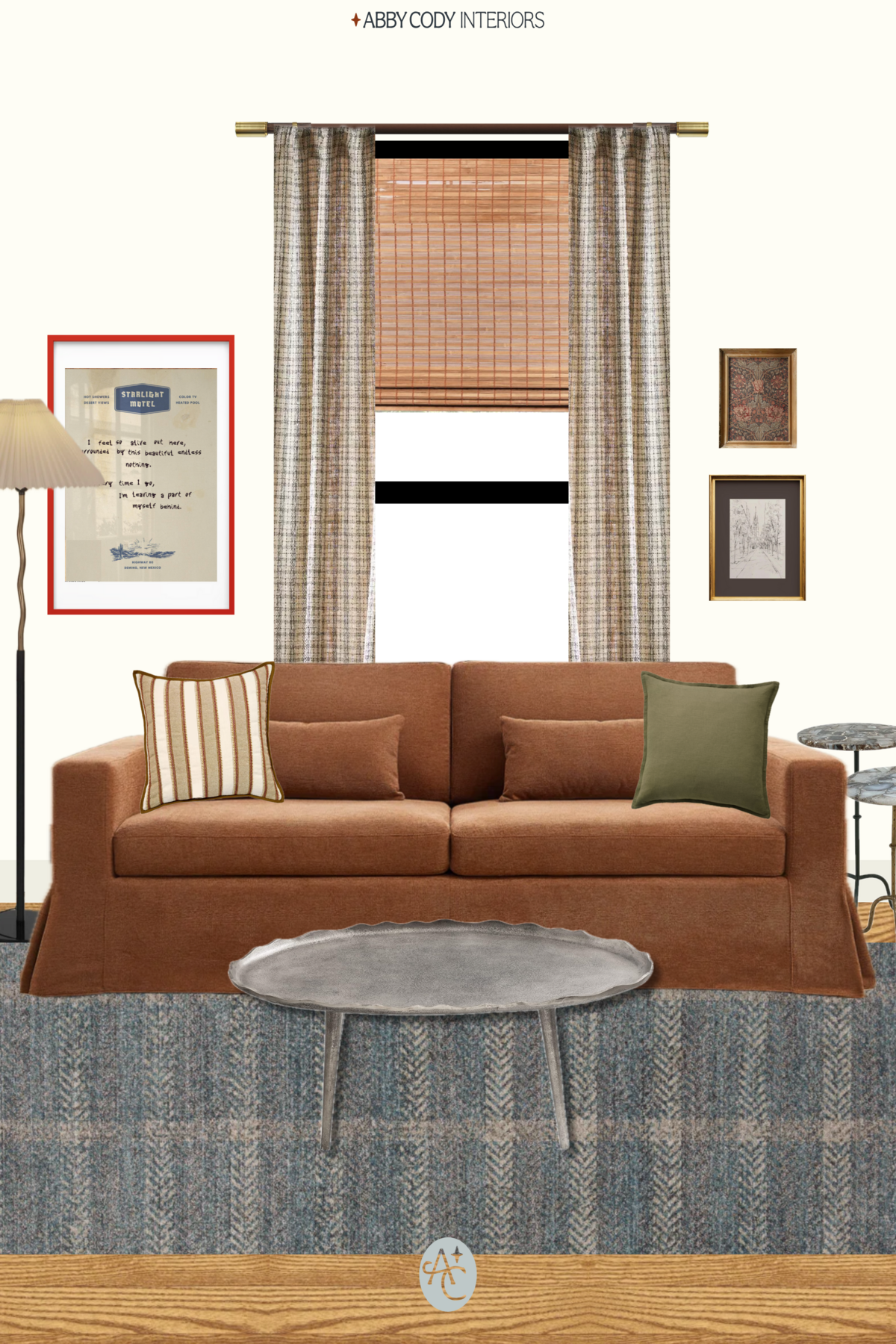 rust small apartment couch, slipcovered linen couch rust colored, tweed curtains, nyc apartment living room, small living room, styled moodboard, eclectic living room, layered living room, curated living room, silver coffee table, blue rug, stone drink tables, iron floor lamp pleated lampshade