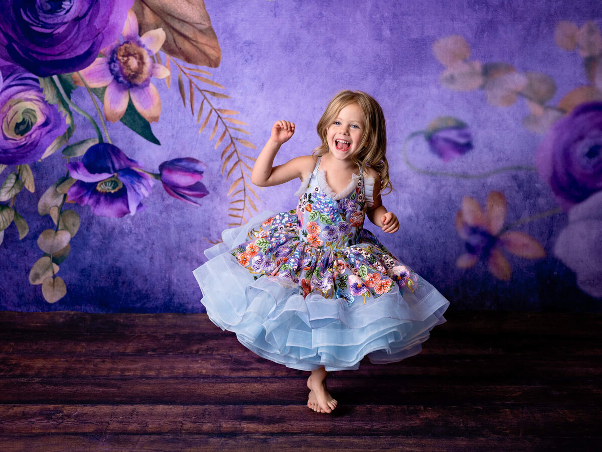 Prescott kids photography sessions with young girl dancing in Bentley and Lace dress