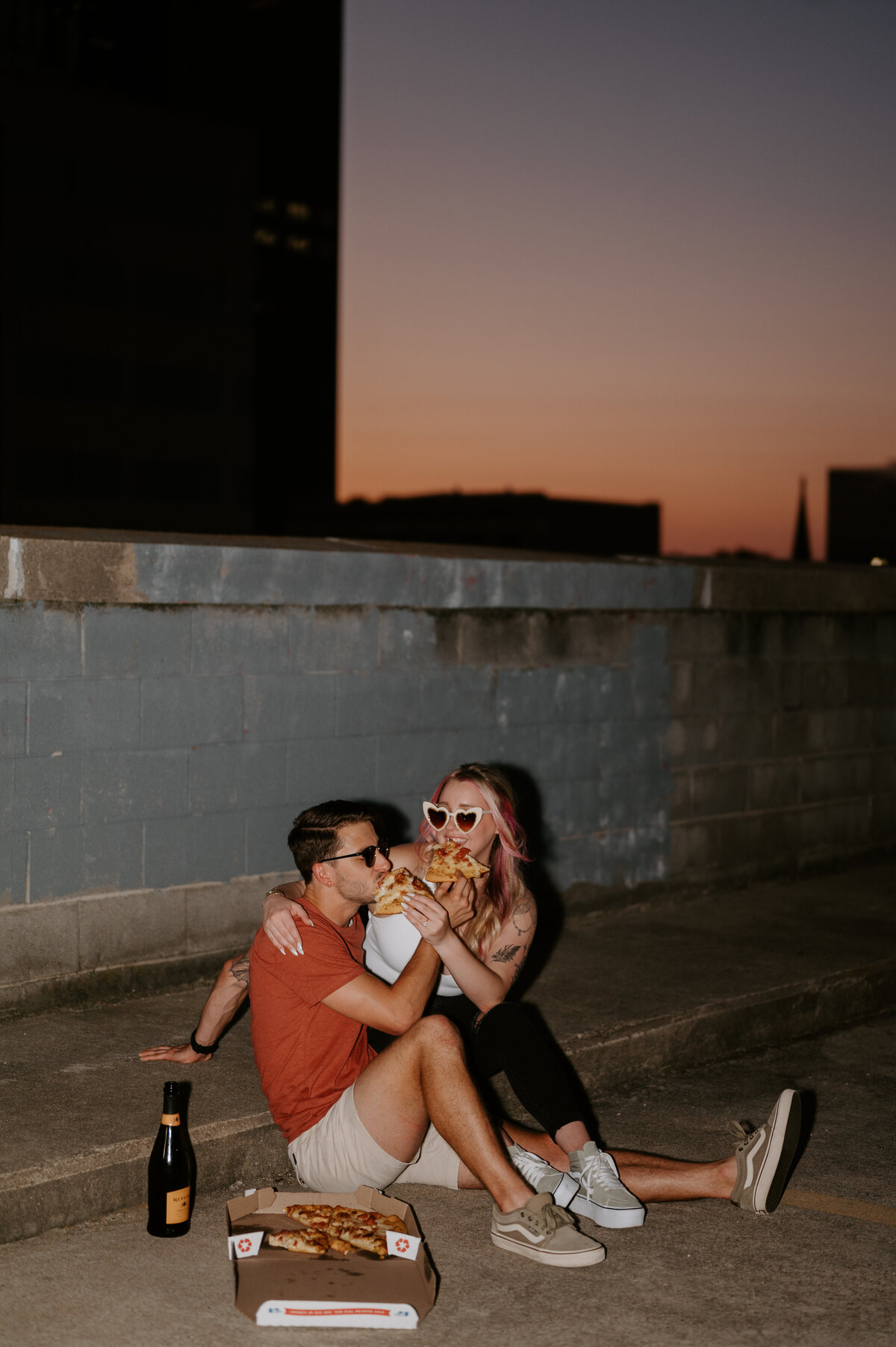 rooftop parking deck engagement, pizza engagement