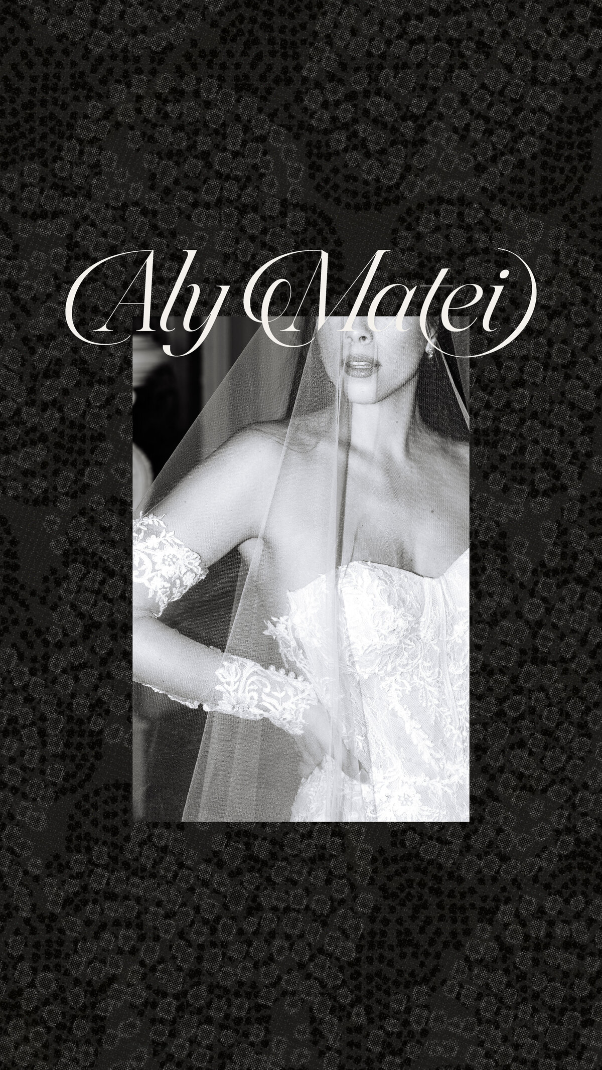 Black and white image of a bride on top of a black textured background with Aly Matei logo