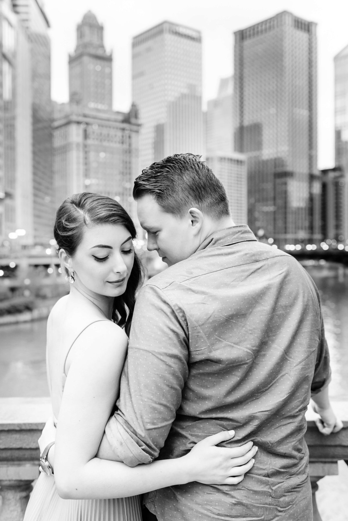 A quiet moment in black and white during this downtown Chicago, IL engagement session