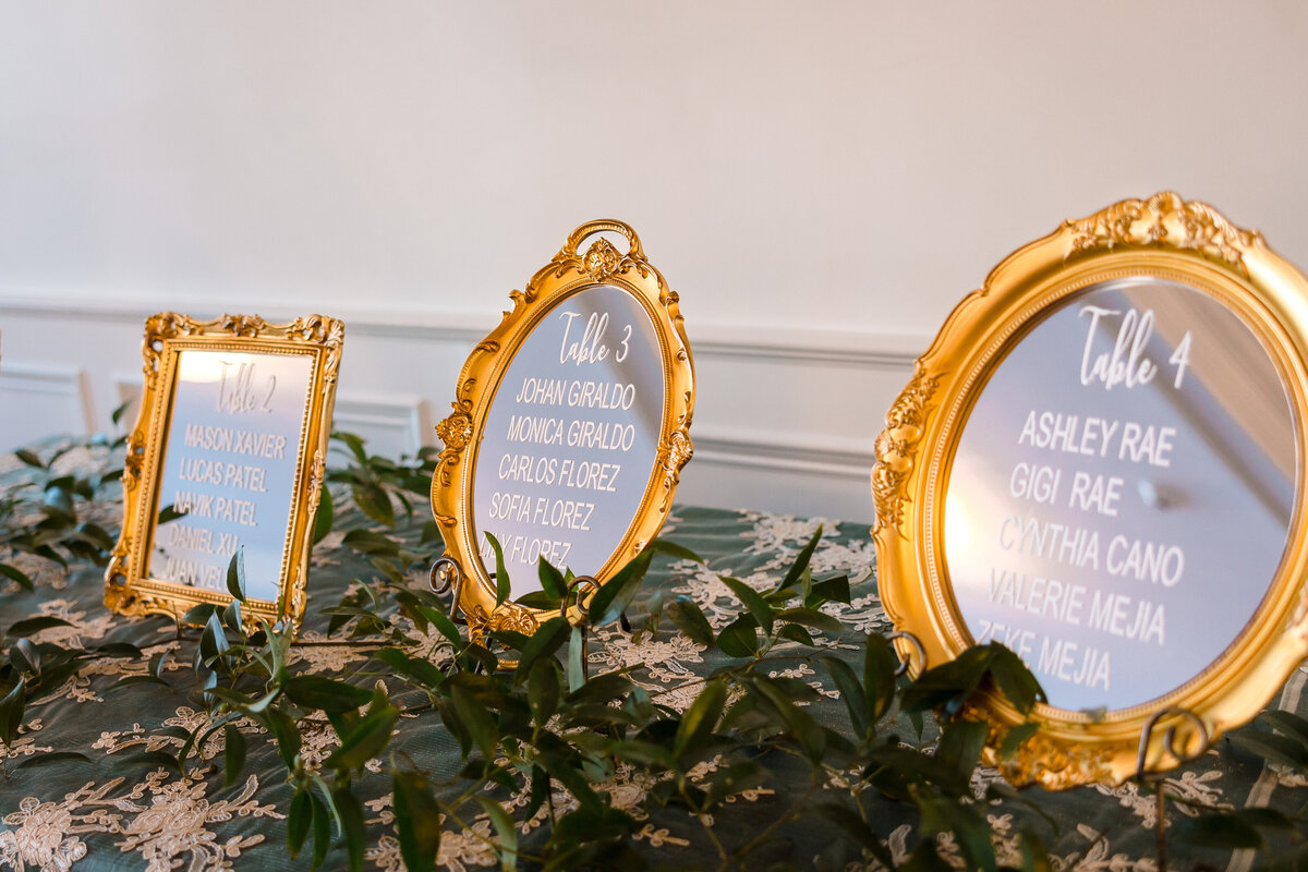 Wedding table numbers written in vintage mirros