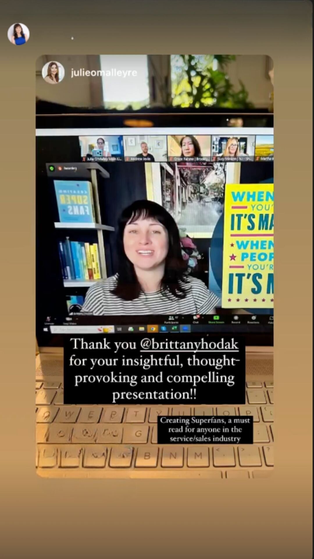 Instagram story testimonial for virtual keynote speaker, Brittany Hodak.
