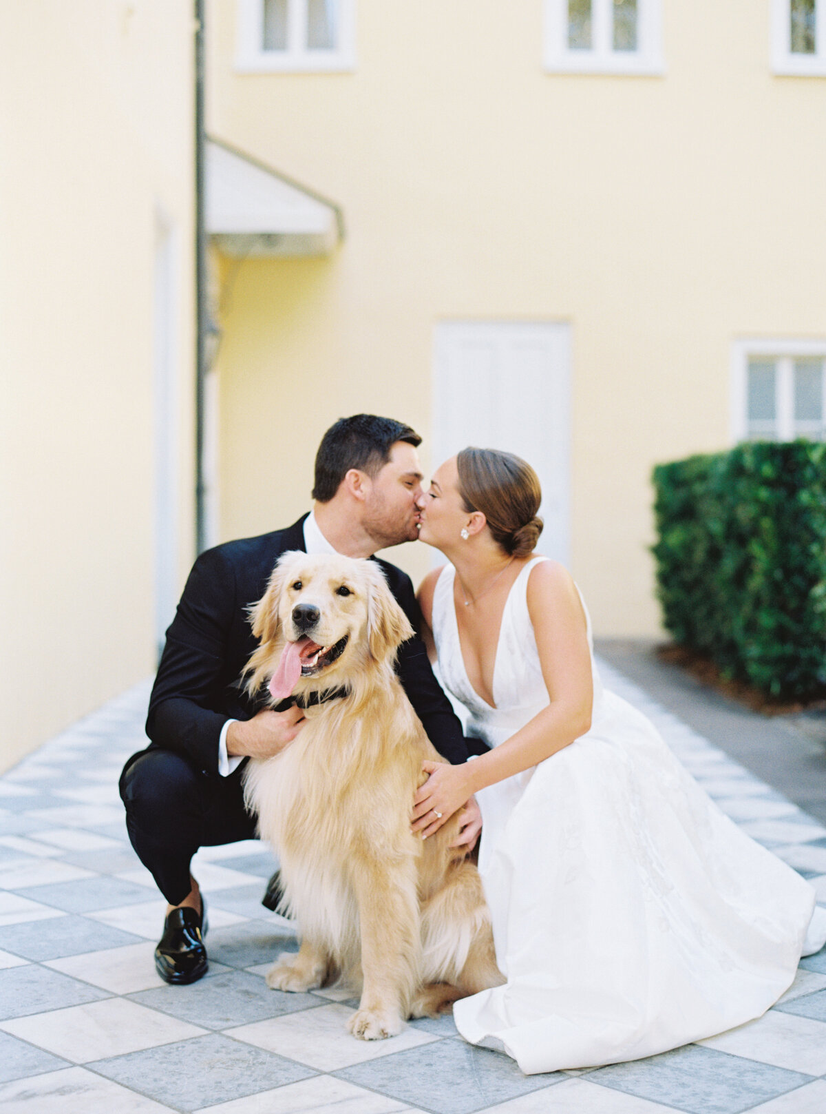 Bride and groom kiss. Perfect golden retriever with tongue out. Include your dog in your wedding day. William Aiken House spring wedding.