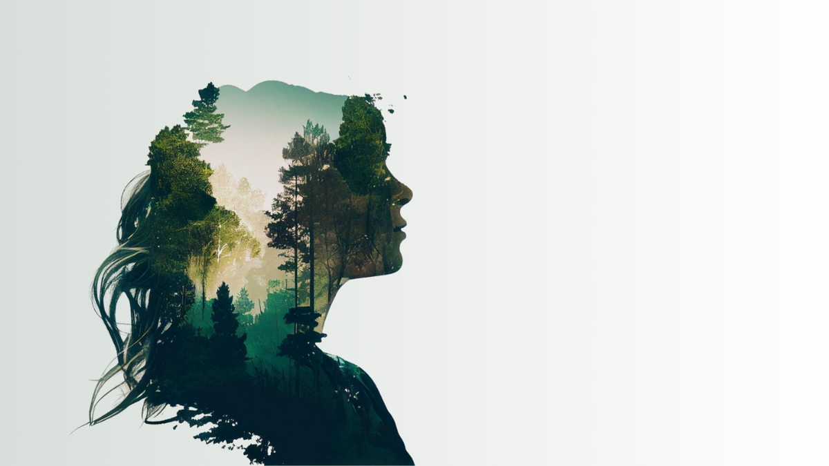 Double exposure silhouette of a woman with a lush forest inside, symbolising inner healing and growth