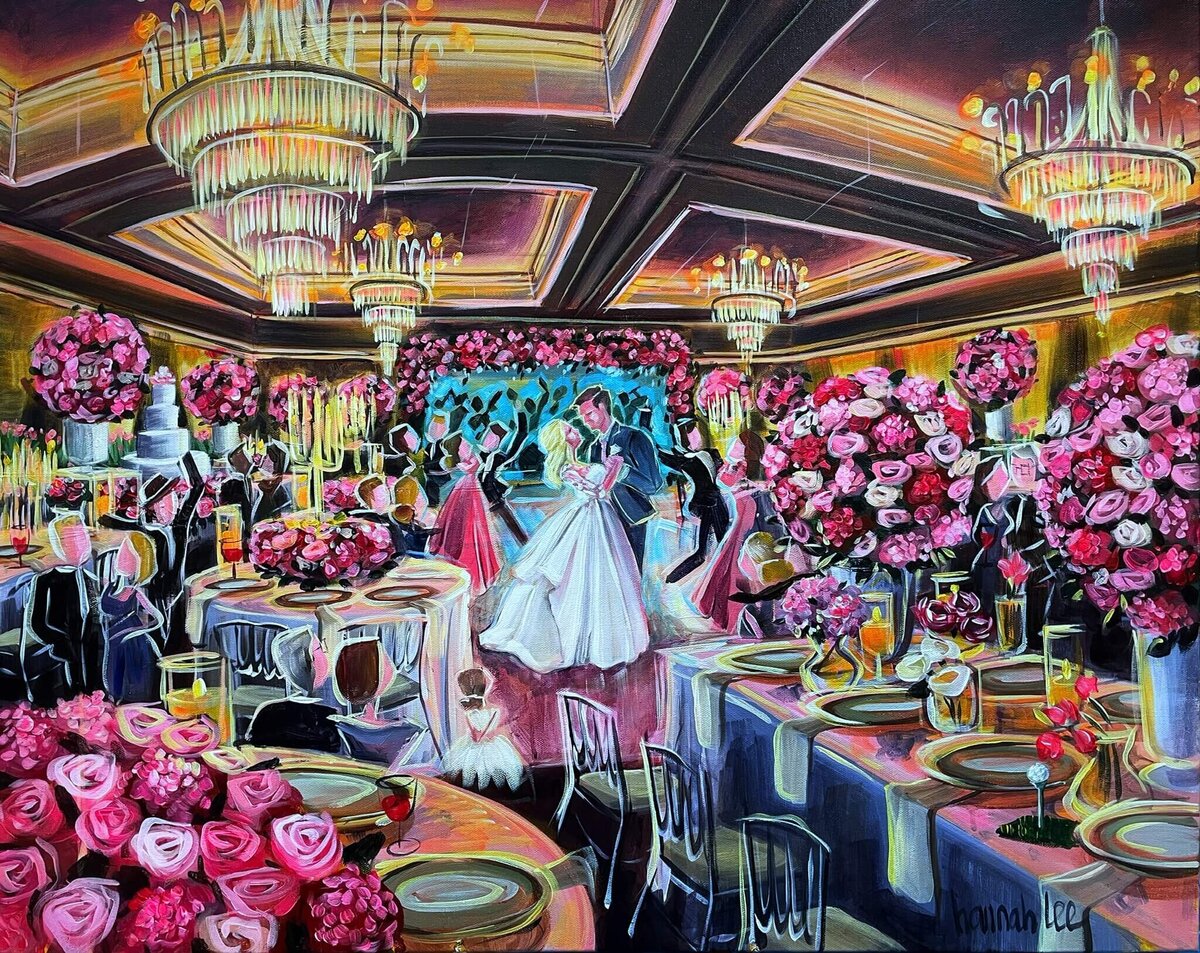Live Wedding Painting Pink Wedding Reception - couples first dance