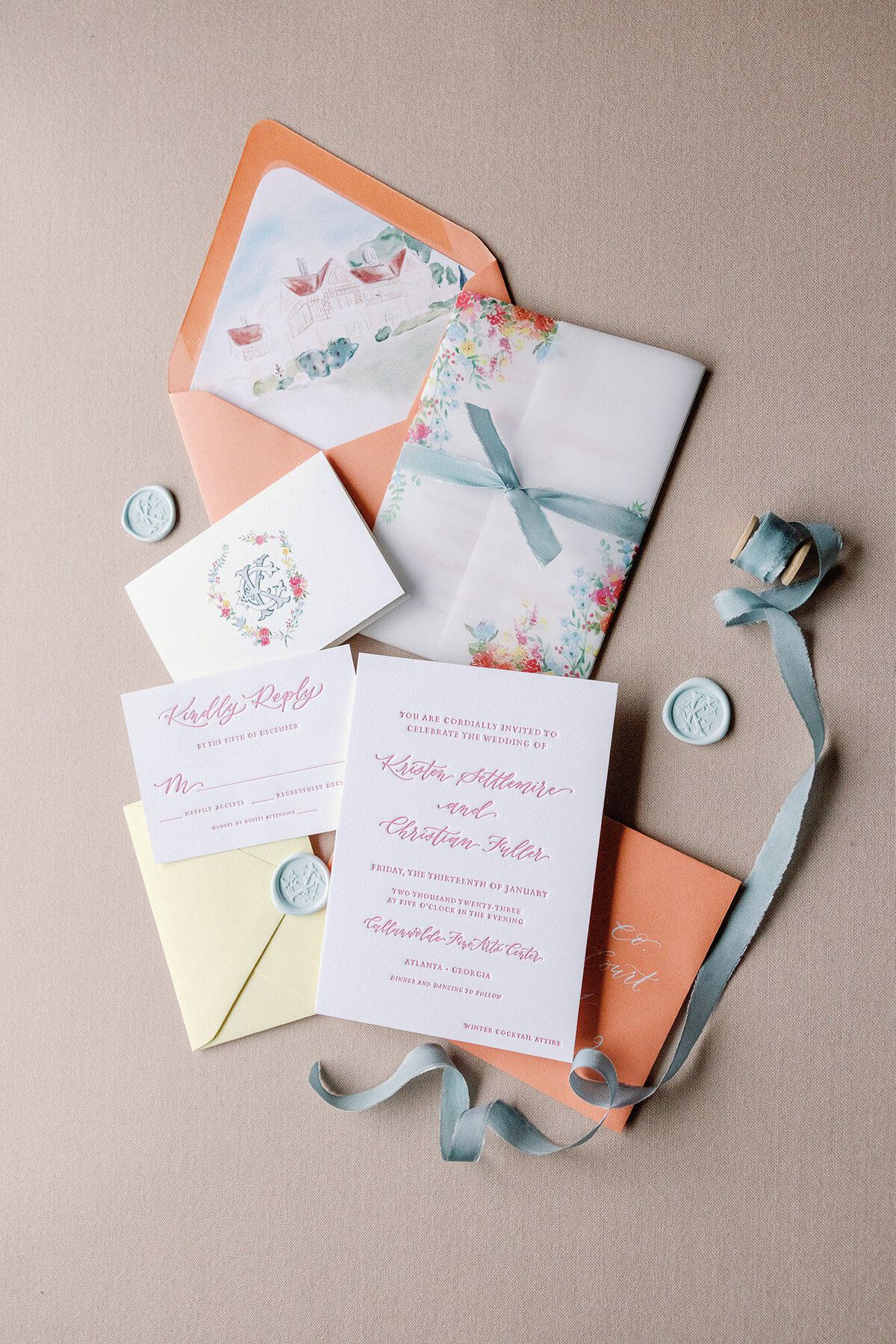 Custom letterpress wedding invitation Atlanta