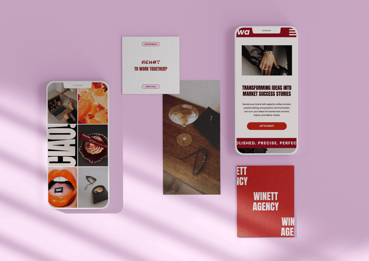 A branding mockup featuring a smartphone displaying the Winn Bennett Agency website, business cards, and a mood board with images and text elements. The website showcases the agency's services and tagline: "Transforming Ideas into Market Success Stories."