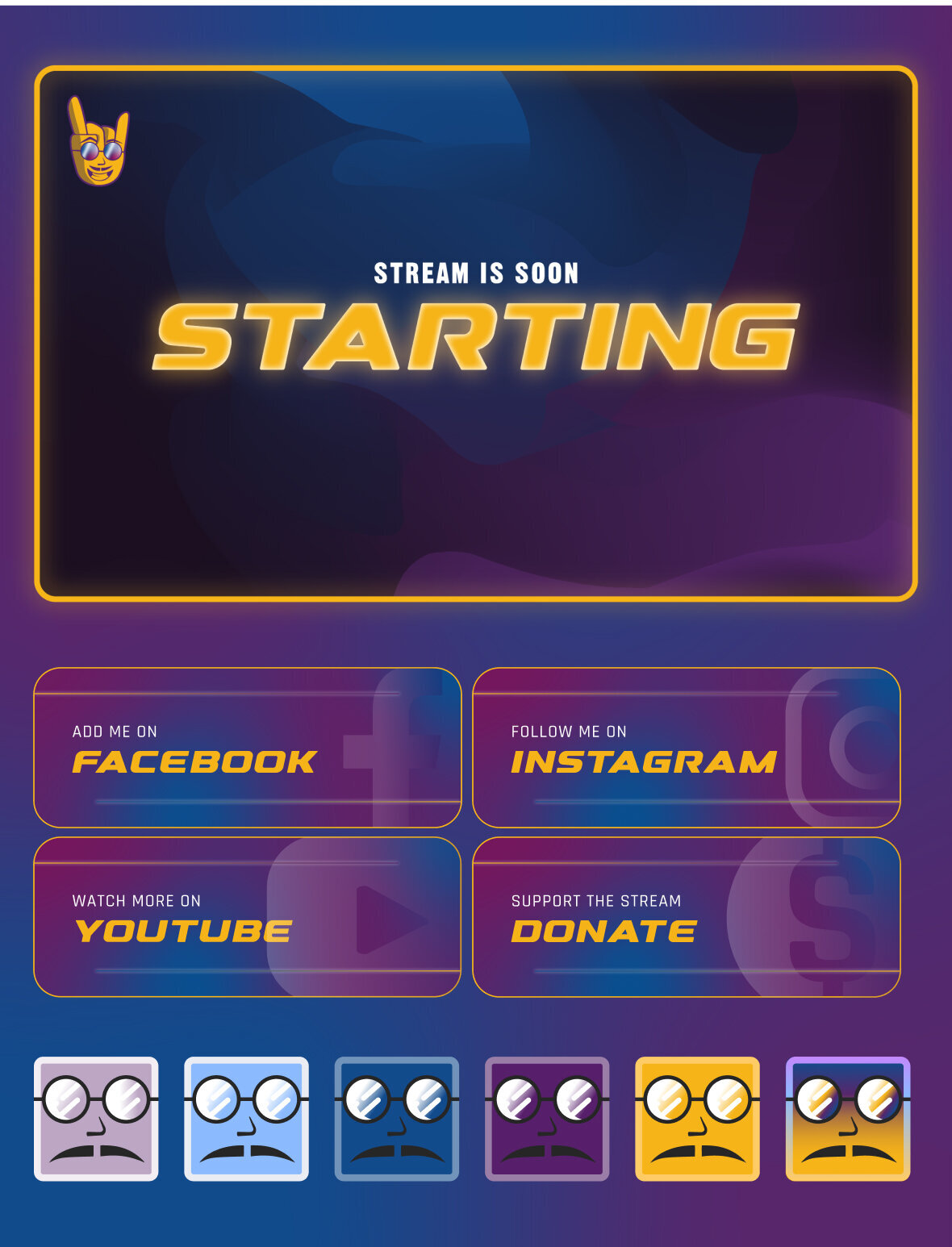 Twitch graphic display, showcasing the brand Don Charlieee. Graphics include: loading screen, social media banners, six color squares with faces on them.