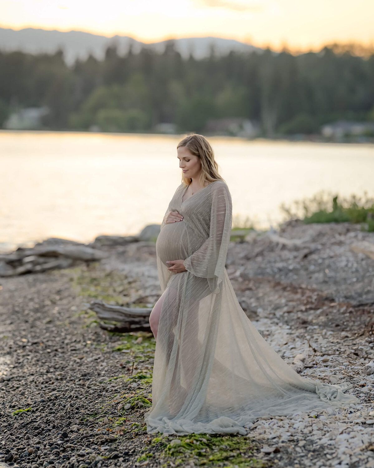 Beth Benecki photographs amom-to-be in a sheer golden dress, glowing in the soft light of the setting sun.