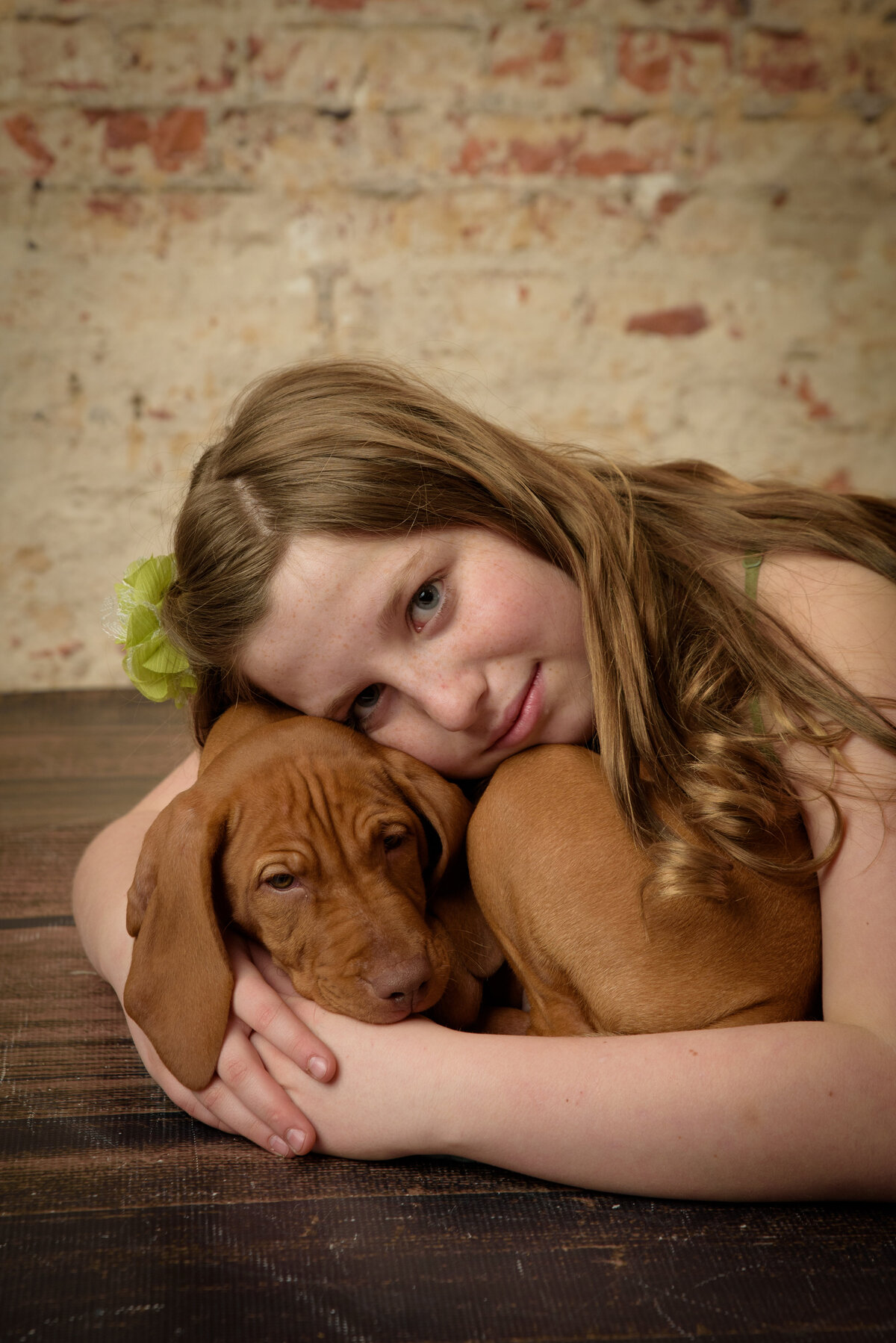 Beautiful young girl wearing a green dress holding her Vizsla puppy in front of a brick background at my home studio near Green Bay, Wisconsin.